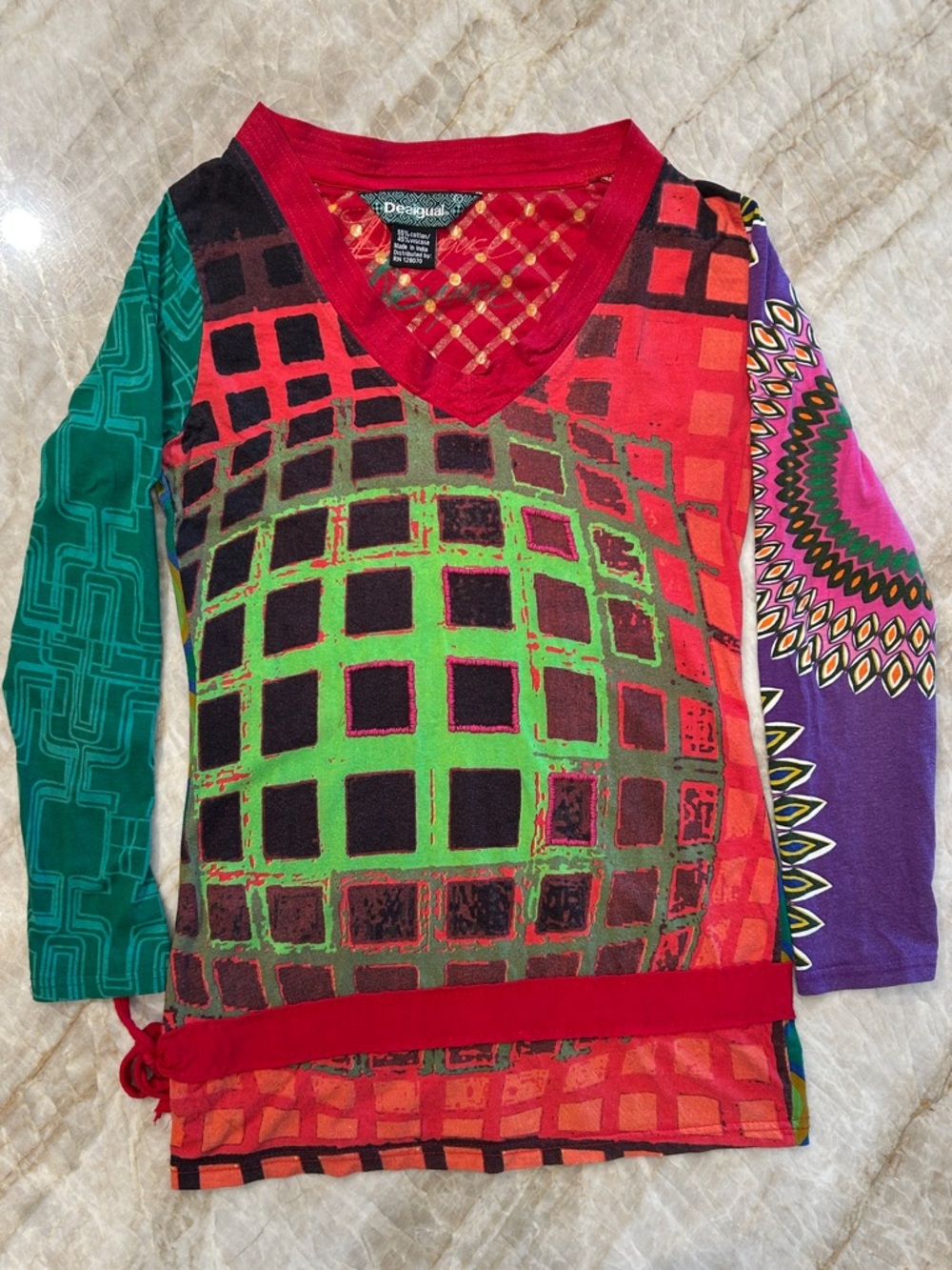 Vintage Desigual Colorblock Multiprint Top Boho Long Sleeve L